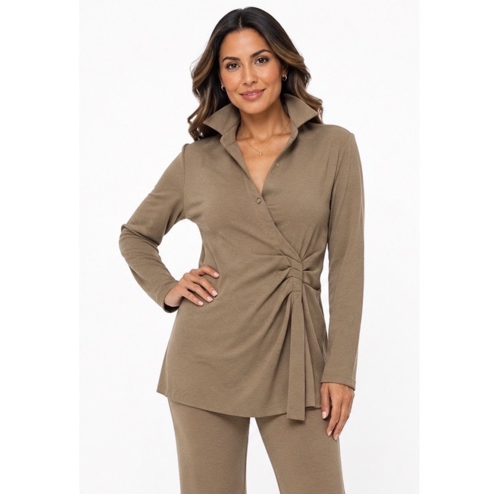 Zara Tan Brown Knot Front Wrap Long Sleeve Top XXL Side Zip Jersey Shirt 112-19